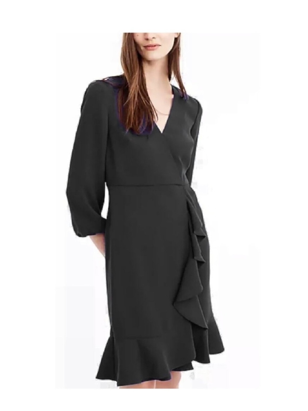 J. Crew Black Wrap Midi Dress with Ruffle Detail